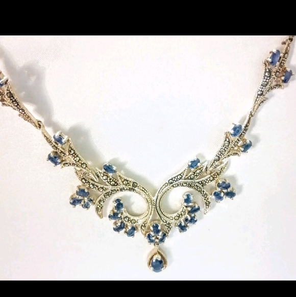 925 Genuine Blue Sapphire 28 Stones Marcasite Victorian Style Necklace 19"X5" - Picture 10 of 13